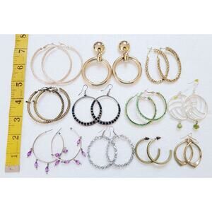 10+ Pairs Earrings Big 2"+ Multi Color Hoops Pierced Lot Purple Green Blue